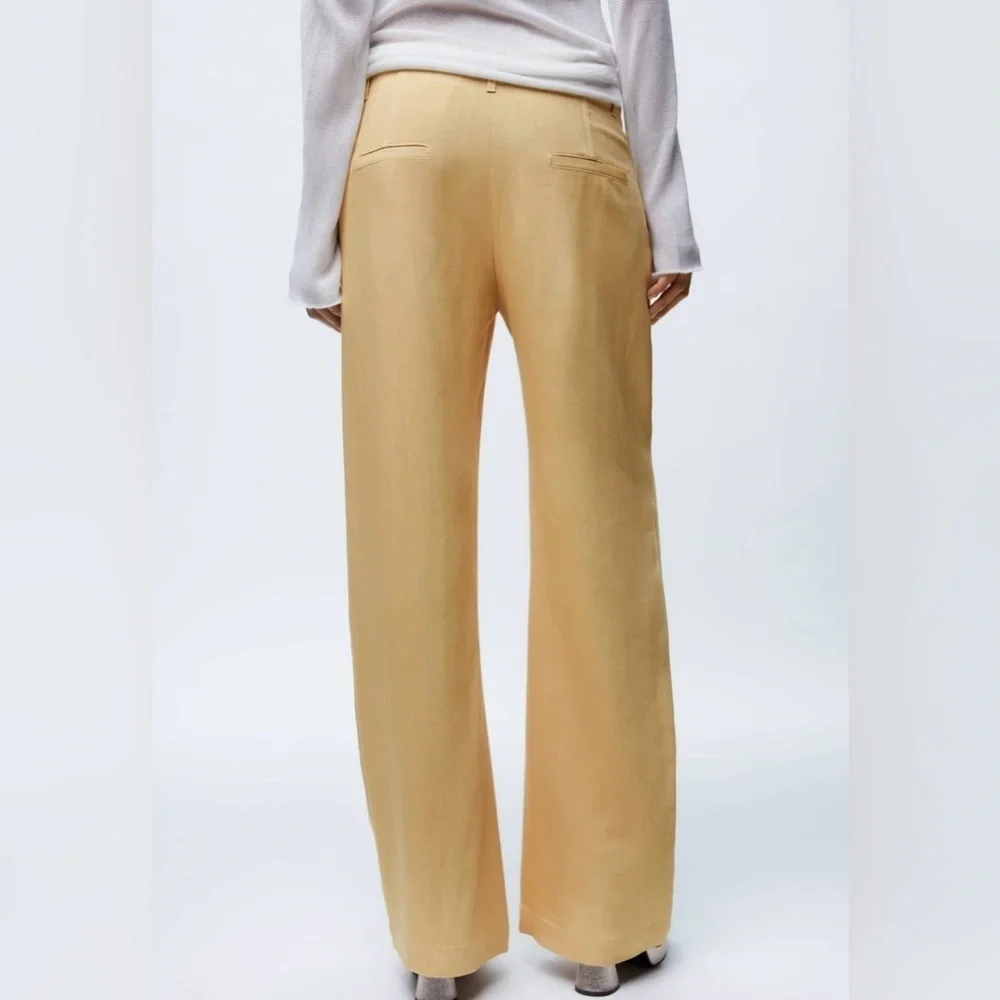 Zara Women Yellow Mid Rise Wide Leg‎ Blend Limited Edition Formal Pants Sz M